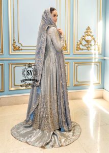 Discover Shazia Yasin’s Silver Chalice Bridal Dress with Blue Haze Lehenga, exquisitely embellished with silver zardozi and crystal embroidery. Perfect for engagement, Nikah or walima brides, this outfit captures royal tradition and luxury.