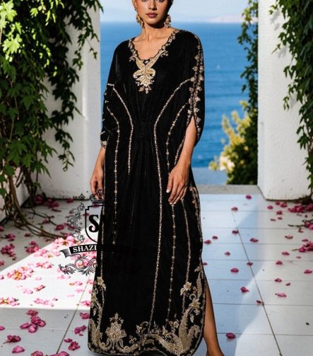 Be dazzling with this elegant black velvet Kaftan dress. Designed with both classic and modern lines, black velvet Kaftan dresses add a sophisticated touch to your wardrobe. Experience the elegance of this unique Embellished Kaftan at Shazia Yasin.