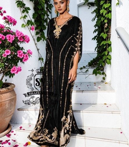 Be dazzling with this elegant black velvet Kaftan dress. Designed with both classic and modern lines, black velvet Kaftan dresses add a sophisticated touch to your wardrobe. Experience the elegance of this unique Embellished Kaftan at Shazia Yasin.