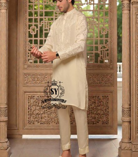 Grace meets glamour in this Coconut Cream cotton-silk kurta trouser, refined, regal, and made for festive evenings.