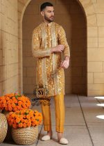 A luxurious mustard-gold kurta adorned with delicate floral and geometric embroidery — created for the man who believes in elegance, heritage, and refined festive style.