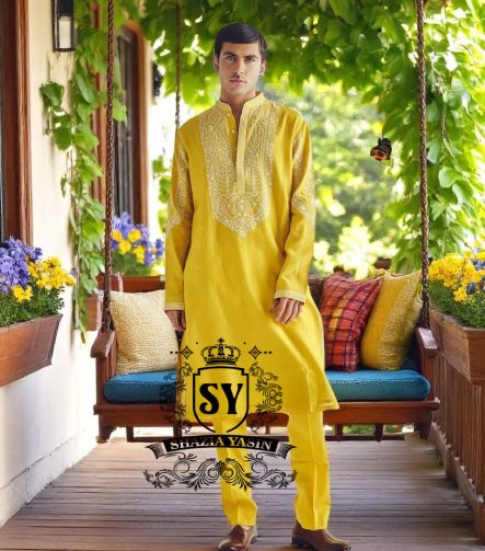 Pakistani Mens Kurta Juneau Alaska Mustard Yellow Designer Kurta Pajama for Festive Season USA