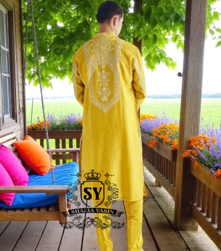 Pakistani Mens Kurta Juneau Alaska Mustard Yellow Designer Kurta Pajama for Festive Season USA