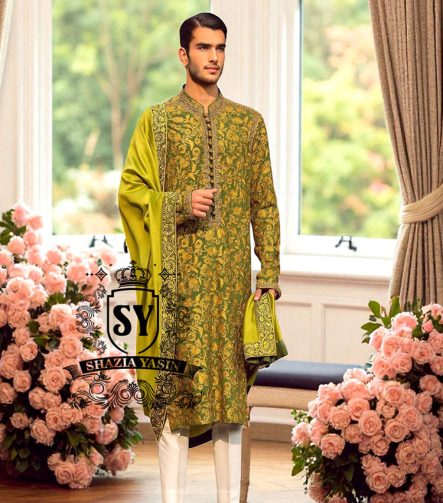 Olive Green Embroidered Kurta for Wedding Events Lawrenceville New Jersey NJ USA Grooms Kurta for Haldi and Mehendi