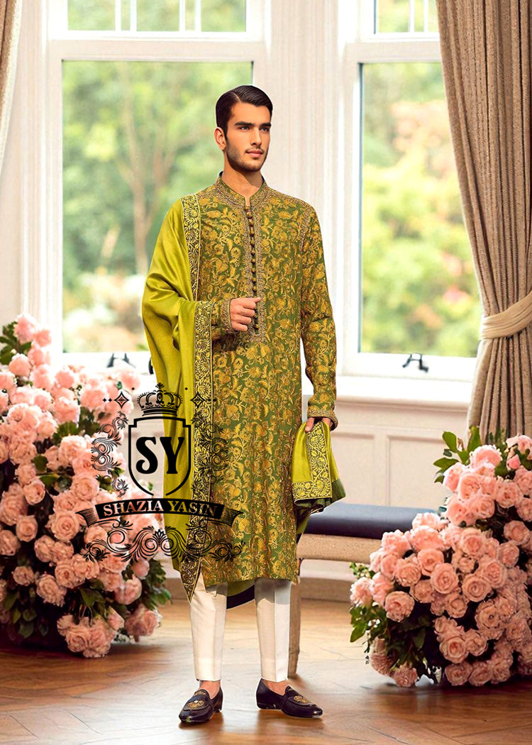 Kurta-Suits-8A Olive Green Embroidered Kurta for Wedding Events Lawrenceville New Jersey NJ USA Grooms Kurta for Haldi and Mehendi
