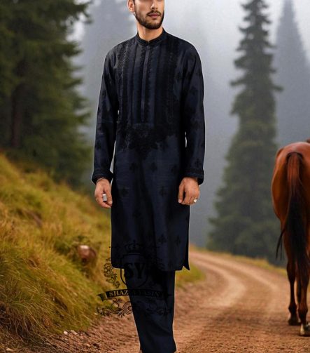 Black Kurta Pajama Suits for Wedding Events Newcastle England Embroidered Kurta Pajama