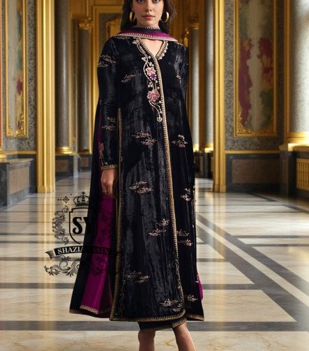 Black Formal Party Wear Baltimore Maryland USA Hand Embellished Velvet Dresses Choga Pants Suit