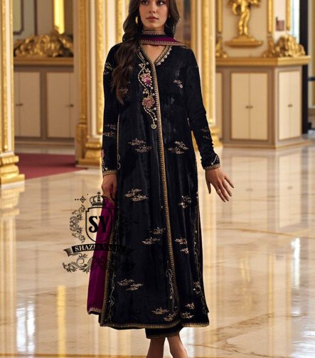 Rich Black Formal Party Wear Baltimore Maryland USA Hand Embellished Velvet Dresses Choga Pants Suit