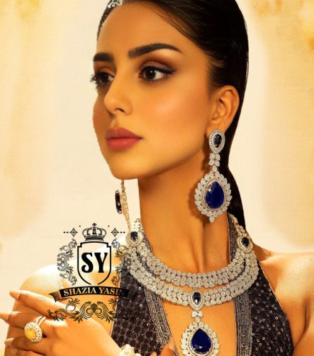 Luxury Sterling Silver Dark Indigo Necklace Set with Earrings Dallas Texas USA Pakistani Party Wear Jewellery Sets