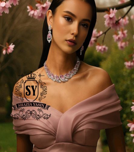 Radiant pink Kunzites and sparkling diamonds in Traditional Design. Set is Embellished with Rhodium Plated. Buy Online 925 Sterling Silver Pink Kunzites Bridal Jewellery Set.