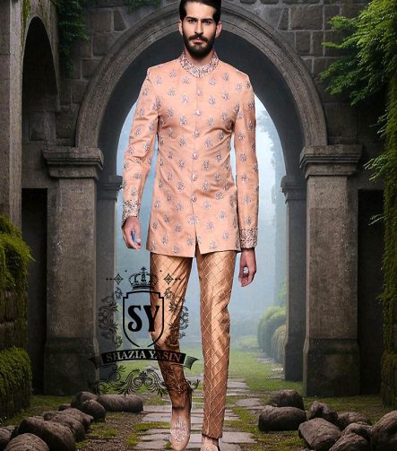 Deep Peach Prince Coat Newcastle England UK Buy Embroidered Prince Coat Designer Prince Coat Suits