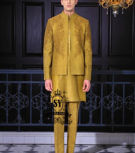 Men's Prince Coats and Suits | Mustard Yellow Men's Three-piece Suit - Prince Coat, Kurta, and Trousers