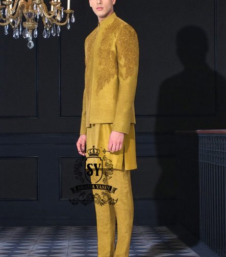Men's Prince Coats and Suits | Mustard Yellow Men's Three-piece Suit - Prince Coat, Kurta, and Trousers