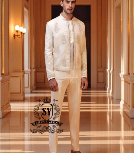 Ivory Self Karandi Silk Embroidered Prince Coat Trondheim Fjord Stylish Embroidered Nikkah Prince Coats