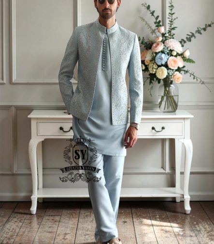 This Columbia Blue men's Prince Coat suit with a touch of embellishment is a conscious choice for men who prioritize quality and distinctive style.