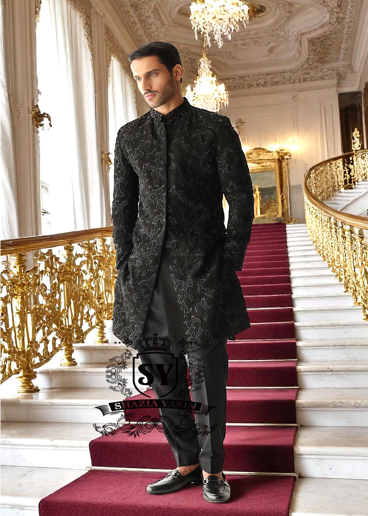 Sherwani102a Designer Groomswear Black Embellished Sherwani Denny UK Bespoke Groom Sherwani Suits for Mens