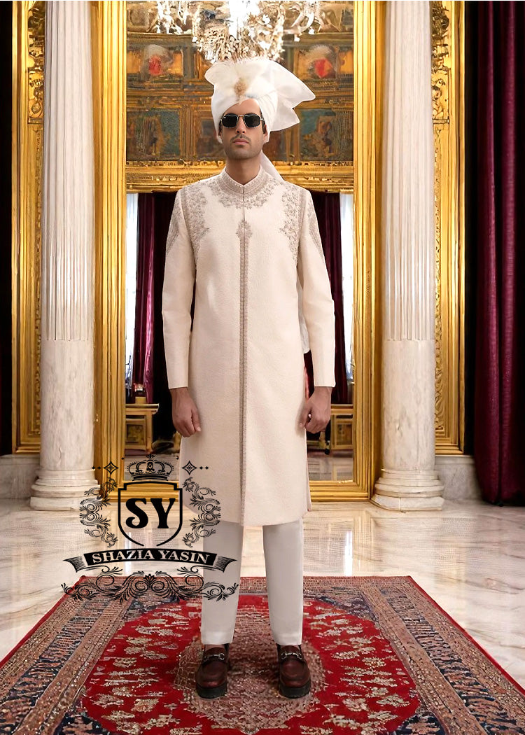 Sherwani106a Ivory White Bespoke Sherwani Suits for Mens - Image 1