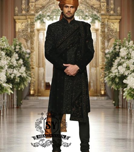 Black Sherwani for Wedding and Nikah Ceremony Farmington Hills Michigan MI USA Punjabi Mens Sherwani in Velvet