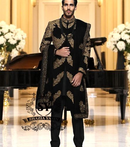 Menswear Sherwani Richmond Hill, Canada Total Black Velvet Sherwani Designer Mens Sherwani Suit