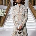 Pakistani Designer Antique Brass Sherwani Nelson UK Smart Mens Sherwani in Raw Silk