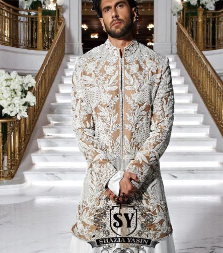 Pakistani Designer Antique Brass Sherwani Nelson UK Smart Mens Sherwani in Raw Silk