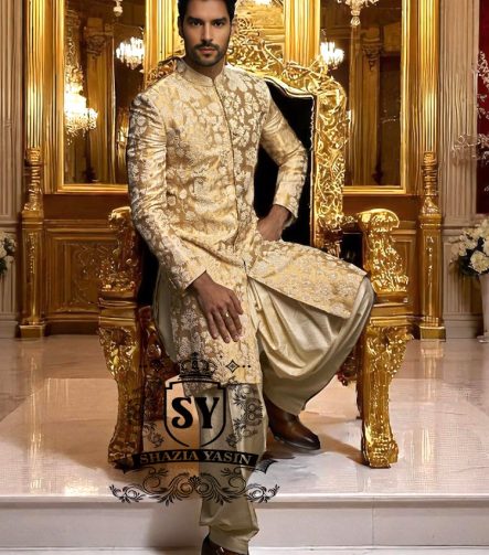 Indo Western Sherwani Royal Sherwani Anchorage Alaska USA Antique Gold Mens Sherwani in Lame Tissue