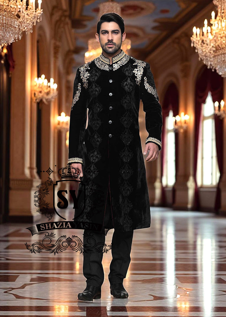 Sherwani127a Luxury Velvet Sherwani in Black Princeton New Jersey NJ USA Designer Sherwani Ceremony Collection