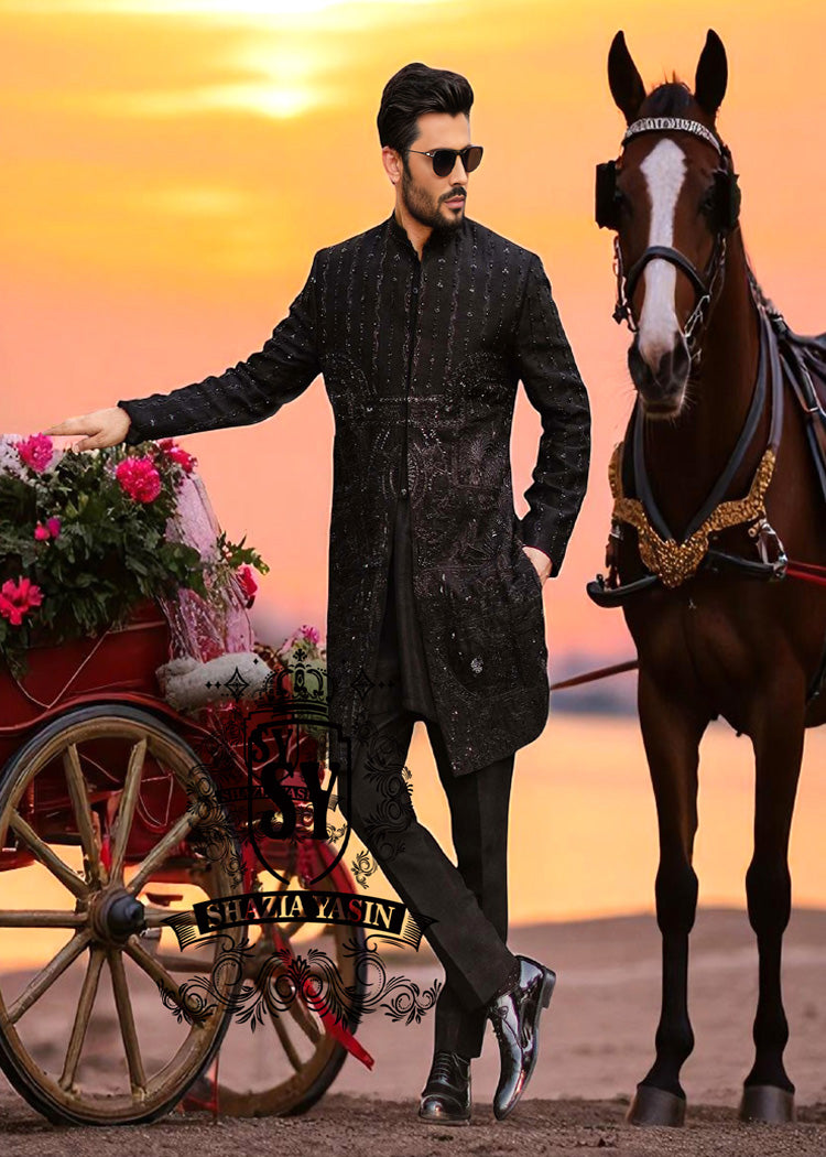 Sherwani129a Black Raw Silk Sherwani Designs Garden City Michigan MI USA Best Mens Sherwani in Raw Silk