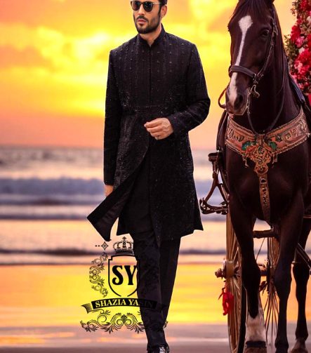 Black Raw Silk Sherwani Designs Garden City Michigan MI USA Best Mens Sherwani in Raw Silk