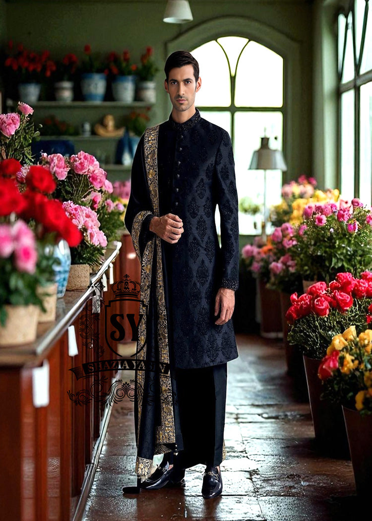 Sherwani131a Stylish Embroidered Sherwani Suits in Black San Francisco California CA USA Buy Black Raw Silk Sherwani