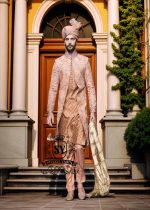 Deep Peach Wedding Sherwani Suit for Mens Norcross Georgia USA Latest Sherwani Suits in Raw Silk