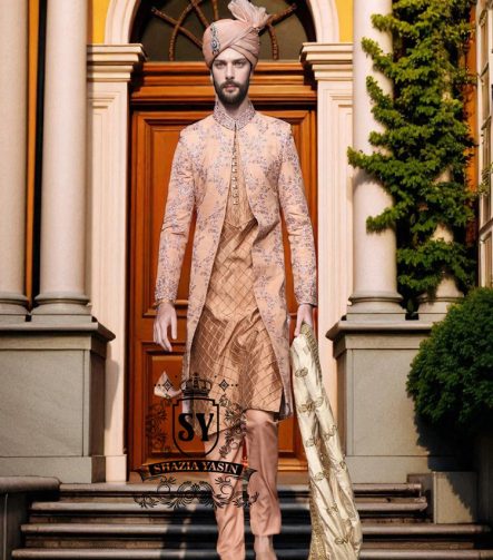 Deep Peach Wedding Sherwani Suit for Mens Norcross Georgia USA Latest Sherwani Suits in Raw Silk