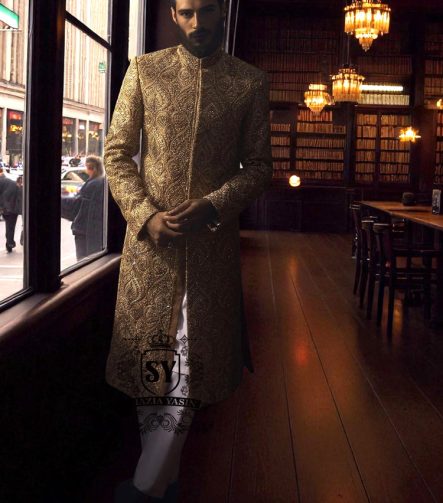 Sunray Raw Silk Sherwani Wedding Sherwani Woodside New York NY USA Designer Groomswear Sherwani