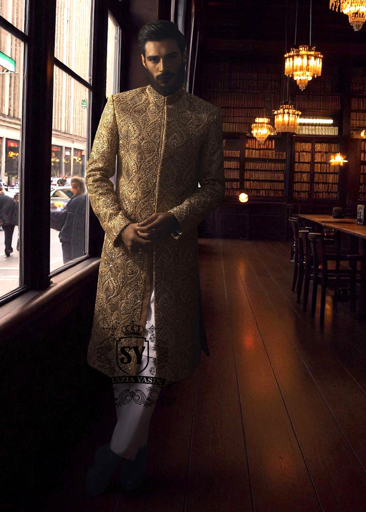 Sherwani135a Sunray Raw Silk Sherwani Wedding Sherwani Woodside New York NY USA Designer Groomswear Sherwani