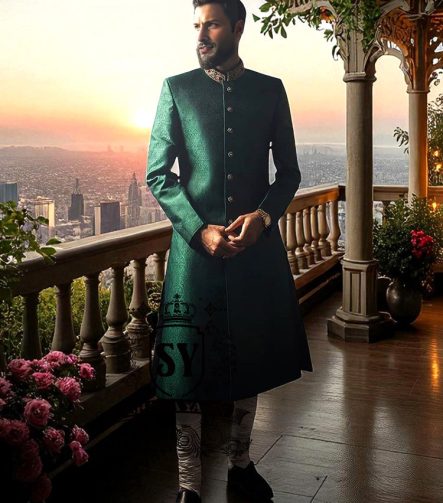 British Racing Green Jamawar Groom Sherwani Bethesda Washington DC USA Latest Sherwani Designs