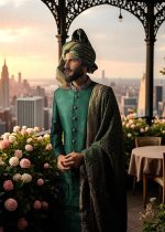 British Racing Green Jamawar Groom Sherwani Bethesda Washington DC USA Latest Sherwani Designs