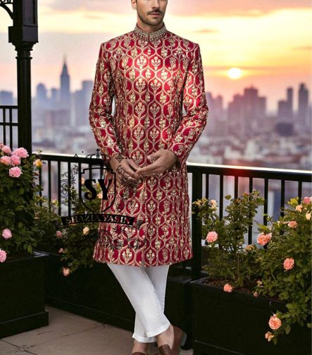 Crimson Glory Raw Silk Sherwani for Mens Fairfax Virginia United States Traditional Mens Sherwani Suits
