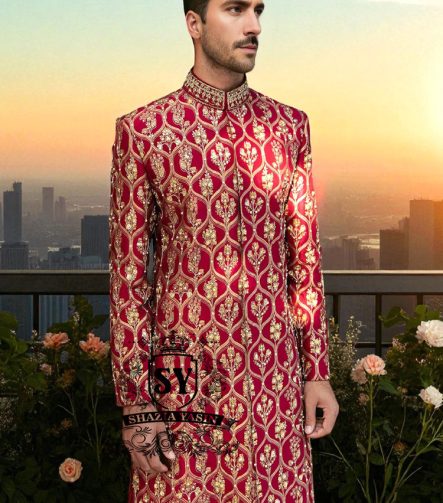Crimson Glory Raw Silk Sherwani for Mens Fairfax Virginia United States Traditional Mens Sherwani Suits