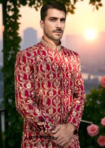 Crimson Glory Raw Silk Sherwani for Mens Fairfax Virginia United States Traditional Mens Sherwani Suits
