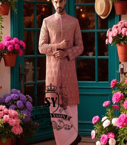 Baby Pink Sherwani for Mens Woking England UK Wedding Sherwani and Flared Trousers Combinations