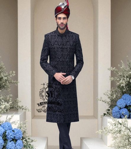 Black-on-black Heavy Embroidered Sherwani for Groom Bloomingdale Illinois Designer Mens Sherwani Suit