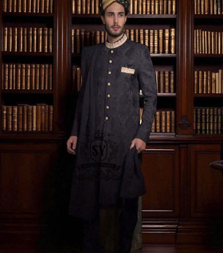 Buy Royal Sherwani Designer Black Sherwani Online Aberdeen Scotland UK Men's Wedding Sherwani for grandeur Style