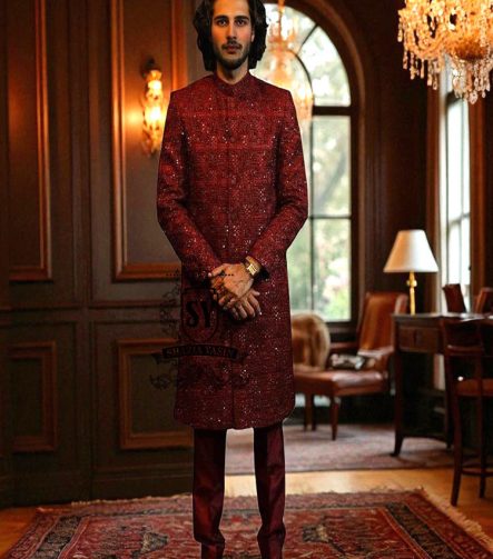 Buy Men's Wedding Sherwani Online Oldham England UK Bordeaux Designer Sherwani Suits Designs Latest