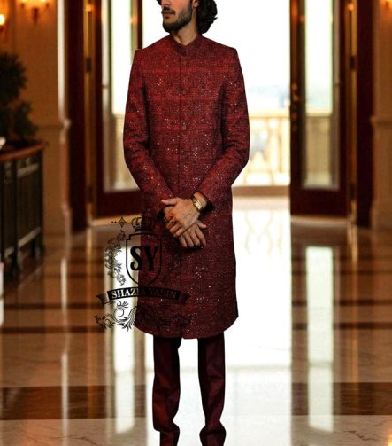 Buy Luxury 3D Men's Wedding Sherwani Online Oldham England UK Bordeaux Designer Sherwani Suits Designs Latest