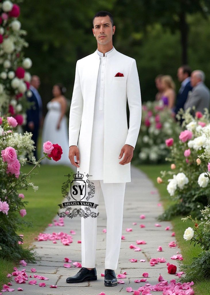 Minimalist white Sherwani suit for wedding Brisbane, Queensland, Australia Minimalist White Sherwani Wedding Dress
