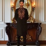 Black Sherwani with Black Banarsi Kulla Newcastle London UK Sherwani for groom with Price in Pakistan