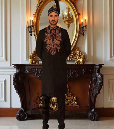 Black Sherwani with Black Banarsi Kulla Newcastle London UK Sherwani for groom with Price in Pakistan