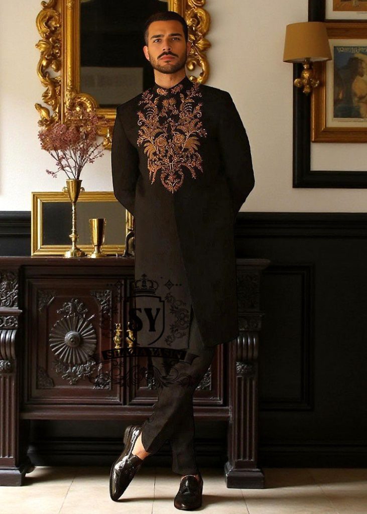 Majestic Black Sherwani with Black Banarsi Kulla Newcastle London UK Sherwani for groom with Price in Pakistan