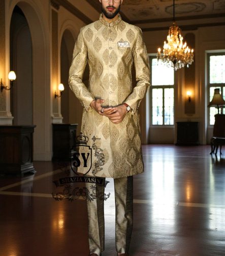 Luxury Golden Sherwani For Groom Newark New Jersey NJ US Men's Bespoke Wedding Sherwani Collection 2026