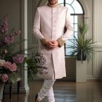 Self-embossed Sherwani With Hand-carved Embellishments in Antique Gold Buy in Los Angeles California USA